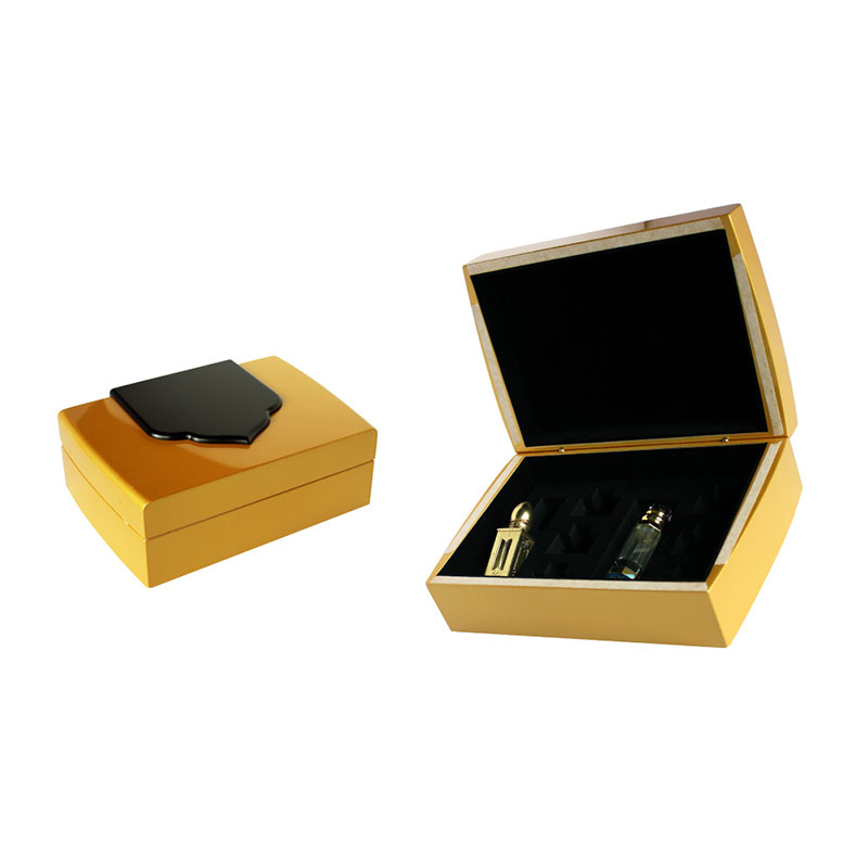 High Quality Glossy Golden 3ml Wood Hinged Perfume Box Supplier in China