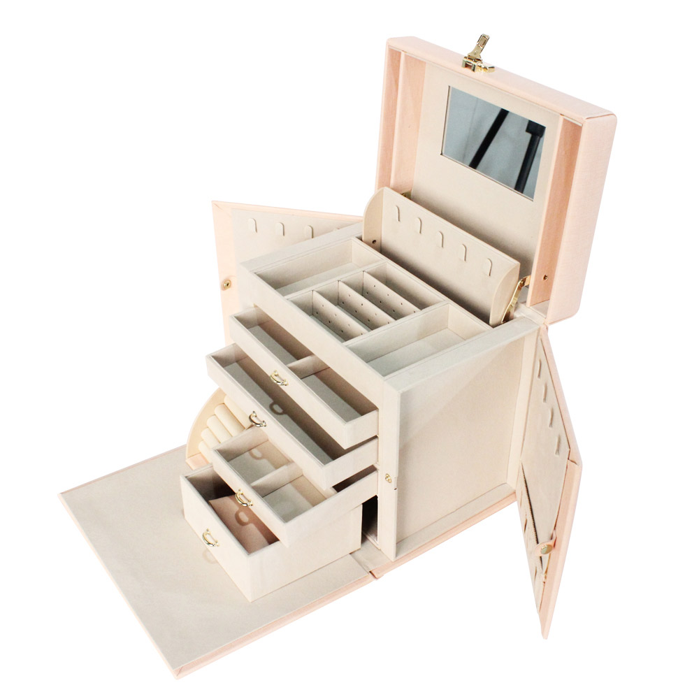 Pink PU Leather Jewelry Box Ring Earring Storage Box With Drawers