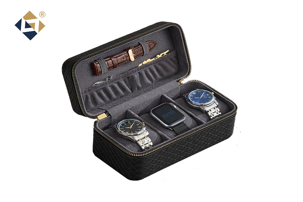 Black Woven Mesh Leather Watch Jewelry Case